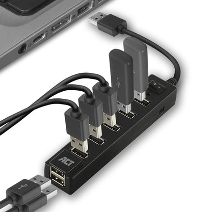 ACT USB hub 7 poorts, aan/uit-schakelaar, USB 2.0, USB 2.0, 480 Mbit/s, Zwart, 0,65 m, USB/AC