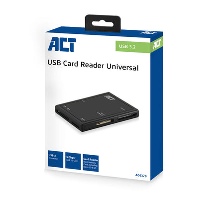 ACT USB 3.0 kaartlezer, CF, MMC, MS Duo, MS PRO, Geheugenstick, MicroSD (TransFlash), SDHC, Zwart, 5000 Mbit/s, USB 3.2 Gen 1 (3.1 Gen 1) Type-A, 76 mm, 55 mm