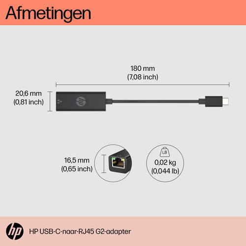 HP USB-C naar RJ45 adapter G2, Bedraad, USB Type-C, Zwart, Thuis, Windows 10, Windows 11, ChromeOS