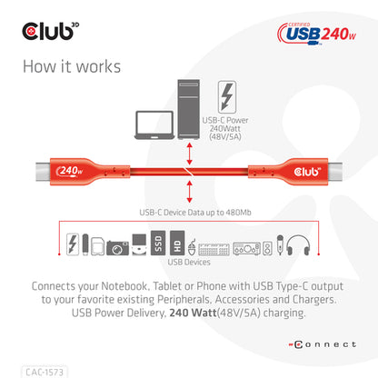 CLUB3D USB2 Type-C Bi-Directional Cable, Data 480Mb,PD 240W(48V/5A) EPR M/M 2m USB IF GECERTIFICEERD, 2 m, USB C, USB C, USB4 Gen 2x2, Rood