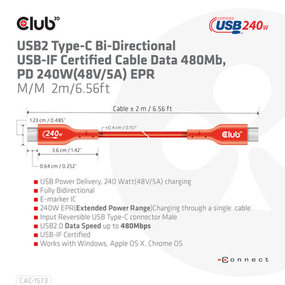 CLUB3D USB2 Type-C Bi-Directional Cable, Data 480Mb,PD 240W(48V/5A) EPR M/M 2m USB IF GECERTIFICEERD, 2 m, USB C, USB C, USB4 Gen 2x2, Rood