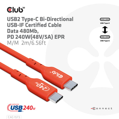 CLUB3D USB2 Type-C Bi-Directional Cable, Data 480Mb,PD 240W(48V/5A) EPR M/M 2m USB IF GECERTIFICEERD, 2 m, USB C, USB C, USB4 Gen 2x2, Rood