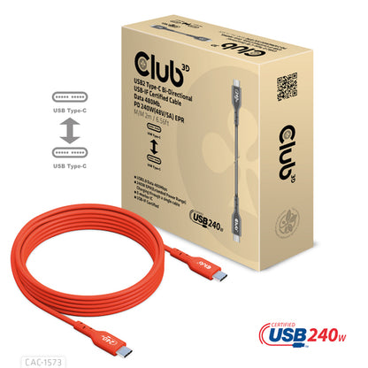 CLUB3D USB2 Type-C Bi-Directional Cable, Data 480Mb,PD 240W(48V/5A) EPR M/M 2m USB IF GECERTIFICEERD, 2 m, USB C, USB C, USB4 Gen 2x2, Rood