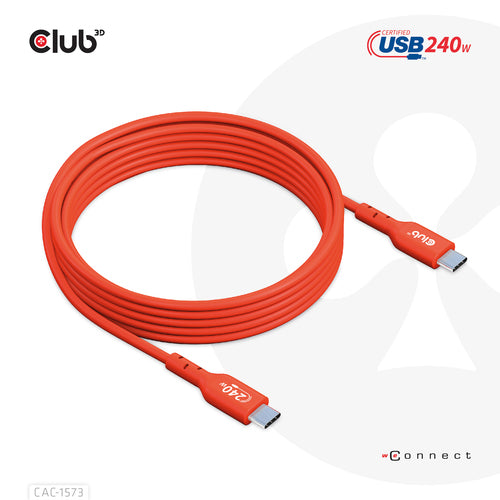 CLUB3D USB2 Type-C Bi-Directional Cable, Data 480Mb,PD 240W(48V/5A) EPR M/M 2m USB IF GECERTIFICEERD, 2 m, USB C, USB C, USB4 Gen 2x2, Rood
