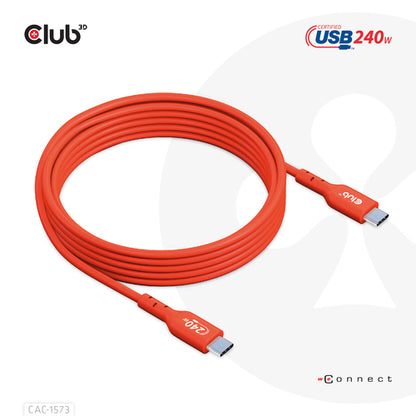 CLUB3D USB2 Type-C Bi-Directional Cable, Data 480Mb,PD 240W(48V/5A) EPR M/M 2m USB IF GECERTIFICEERD, 2 m, USB C, USB C, USB4 Gen 2x2, Rood