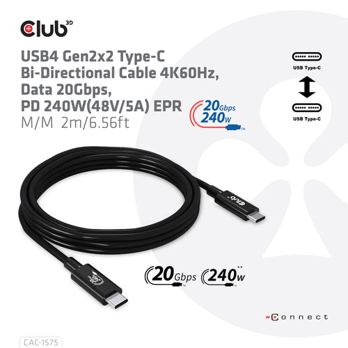 CLUB3D USB4 Gen2x2 Type-C Bi-Directional Cable 4K60Hz, Data 20Gbps, PD 240W(48V/5A) EPR M/M 2m USB IF GECERTIFCIEERD, 2 m, USB C, USB C, USB4 Gen 2x2, 20 Gbit/s, Zwart