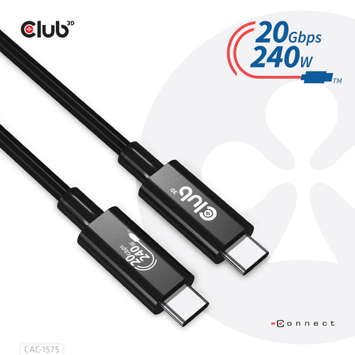 CLUB3D USB4 Gen2x2 Type-C Bi-Directional Cable 4K60Hz, Data 20Gbps, PD 240W(48V/5A) EPR M/M 2m USB IF GECERTIFCIEERD, 2 m, USB C, USB C, USB4 Gen 2x2, 20 Gbit/s, Zwart