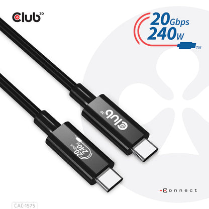 CLUB3D USB4 Gen2x2 Type-C Bi-Directional Cable 4K60Hz, Data 20Gbps, PD 240W(48V/5A) EPR M/M 2m USB IF GECERTIFCIEERD, 2 m, USB C, USB C, USB4 Gen 2x2, 20 Gbit/s, Zwart