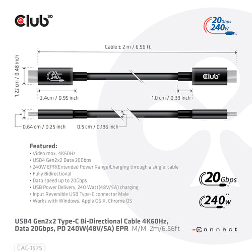 CLUB3D USB4 Gen2x2 Type-C Bi-Directional Cable 4K60Hz, Data 20Gbps, PD 240W(48V/5A) EPR M/M 2m USB IF GECERTIFCIEERD, 2 m, USB C, USB C, USB4 Gen 2x2, 20 Gbit/s, Zwart
