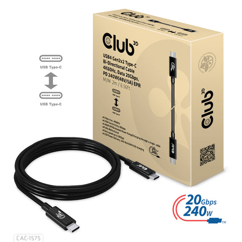 CLUB3D USB4 Gen2x2 Type-C Bi-Directional Cable 4K60Hz, Data 20Gbps, PD 240W(48V/5A) EPR M/M 2m USB IF GECERTIFCIEERD, 2 m, USB C, USB C, USB4 Gen 2x2, 20 Gbit/s, Zwart
