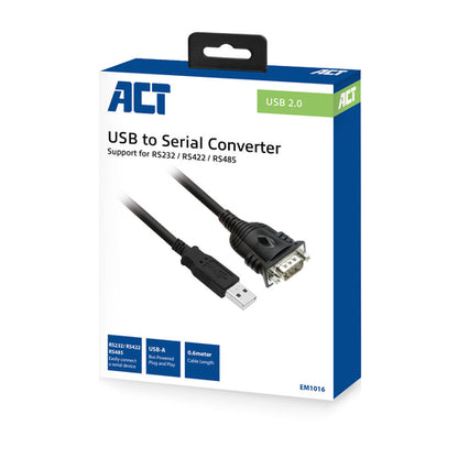 ACT 0,6 meter USB naar serieel adapter, Zwart, 0,6 m, USB Type-A, DB-9, Mannelijk, Mannelijk