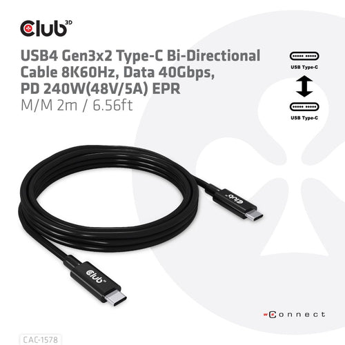 CLUB3D USB4 Gen3x2 Type-C Bi-Directional Cable 8K60Hz, Data 40Gbps, PD 240W(48V/5A) EPR M/M 2m / 6.56ft, 2 m, USB C, USB C, USB4 Gen 3x2, 40 Gbit/s, Zwart