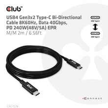 CLUB3D USB4 Gen3x2 Type-C Bi-Directional Cable 8K60Hz, Data 40Gbps, PD 240W(48V/5A) EPR M/M 2m / 6.56ft, 2 m, USB C, USB C, USB4 Gen 3x2, 40 Gbit/s, Zwart