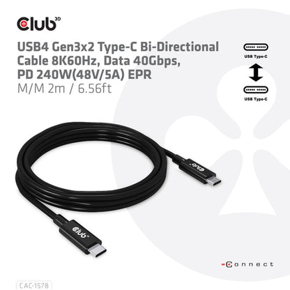 CLUB3D USB4 Gen3x2 Type-C Bi-Directional Cable 8K60Hz, Data 40Gbps, PD 240W(48V/5A) EPR M/M 2m / 6.56ft, 2 m, USB C, USB C, USB4 Gen 3x2, 40 Gbit/s, Zwart