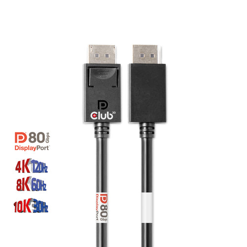CLUB3D DisplayPort 2.1 Bi-Directional VESA DP80 Gecertificeerde kabel 4K240Hz, 8K60Hz or 10K30Hz M/M 1.2m/3.94ft, 1,2 m, DisplayPort, DisplayPort, Mannelijk, Mannelijk, 10328 x 7760 Pixels