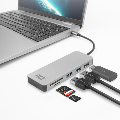ACT USB-C hub 3.0, 3x USB-A, cardreader, PD pass-through, USB 3.2 Gen 1 (3.1 Gen 1) Type-C, USB 3.2 Gen 1 (3.1 Gen 1) Type-A, USB 3.2 Gen 1 (3.1 Gen 1) Type-C, MicroSD (TransFlash), SD, 5000 Mbit/s, Grijs, Aluminium