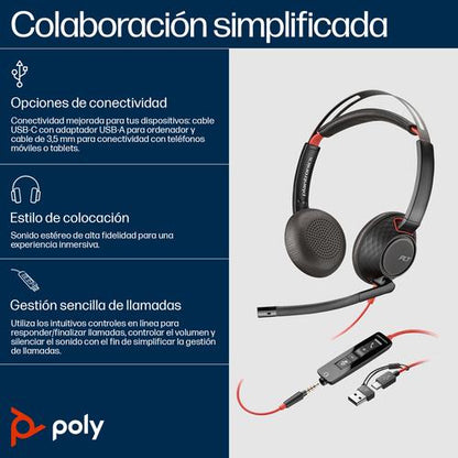 HP Poly Blackwire 5220 stereo USB-C-headset + 3,5 mm stekker + USB-C/A-adapter