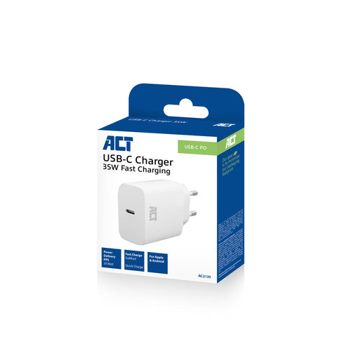 ACT USB-C Lader 35W met Power Delivery PPS en GaNFast, Auto, AC, 20 V, 2,91 A, Wit