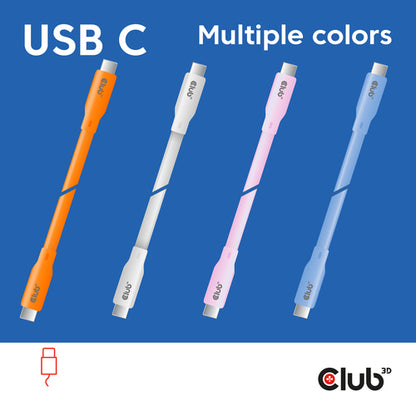 CLUB3D USB C oplaadkabel wit siliconen & tangle-free, 2 m, USB C, USB C, USB4 Gen 3x2