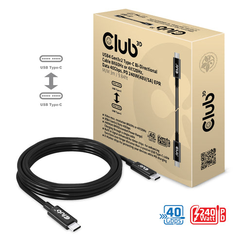 CLUB3D USB4 Gen3x2 Type-C Bi-Directional Cable 8K60Hz or 4K120Hz, Data 40Gbps, PD 240W(48V/5A) EPR M/M 3m / 9.84ft, 3 m, USB C, USB C, USB4 Gen 3x2, 40 Gbit/s, Zwart