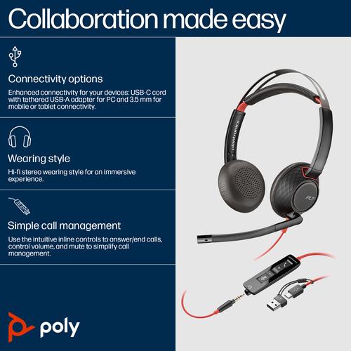 HP Poly Blackwire 5220 stereo USB-C-headset + 3,5 mm stekker + USB-C/A-adapter