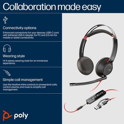 HP Poly Blackwire 5220 stereo USB-C-headset + 3,5 mm stekker + USB-C/A-adapter