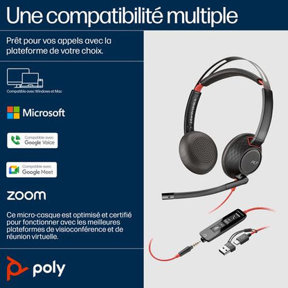 HP Poly Blackwire 5220 stereo USB-C-headset + 3,5 mm stekker + USB-C/A-adapter