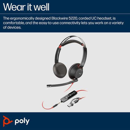 HP Poly Blackwire 5220 stereo USB-C-headset + 3,5 mm stekker + USB-C/A-adapter