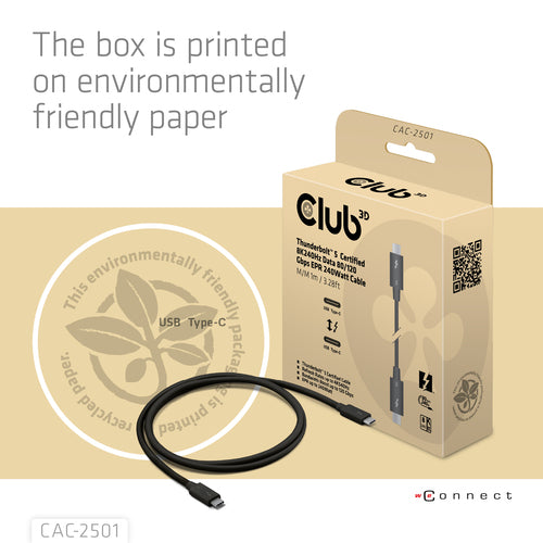 CLUB3D Thunderboltâ¢ 5 Gecertificeerd 8K240Hz 80/120 Gbps EPR 240 Watt Kabel M/M 1m, Man, Man, 1 m, Zwart, 120 Gbit/s, 2 g