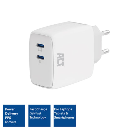 ACT USB-C Lader 65W 2-poorts met Power Delivery PPS en GaNFast, Auto, AC, 20 V, 3,25 A, Wit