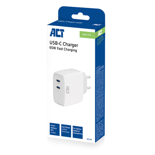 ACT USB-C Lader 65W 2-poorts met Power Delivery PPS en GaNFast, Auto, AC, 20 V, 3,25 A, Wit