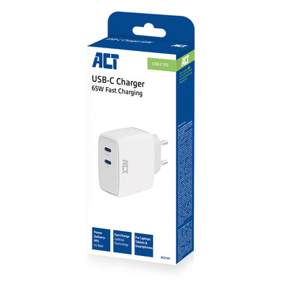 ACT USB-C Lader 65W 2-poorts met Power Delivery PPS en GaNFast, Auto, AC, 20 V, 3,25 A, Wit