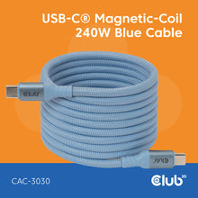 CLUB3D USB-CÂ® Magnetic-Coil 240W PD3.1 Blue Cable 2m / 6.56ft Fast Charging, 2 m, USB C, USB C, Blauw