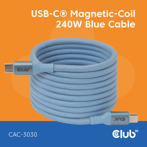 CLUB3D USB-CÂ® Magnetic-Coil 240W PD3.1 Blue Cable 2m / 6.56ft Fast Charging, 2 m, USB C, USB C, Blauw