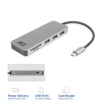 ACT USB-C hub 3.0, 3x USB-A, cardreader, PD pass-through, USB 3.2 Gen 1 (3.1 Gen 1) Type-C, USB 3.2 Gen 1 (3.1 Gen 1) Type-A, USB 3.2 Gen 1 (3.1 Gen 1) Type-C, MicroSD (TransFlash), SD, 5000 Mbit/s, Grijs, Aluminium