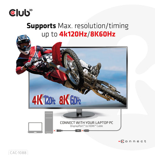 CLUB3D DisplayPort1.4 to HDMI 4K120Hz/8K60Hz HDR Active adapter M/F, 0,21 m, DisplayPort, HDMI, Mannelijk, Vrouwelijk, Recht