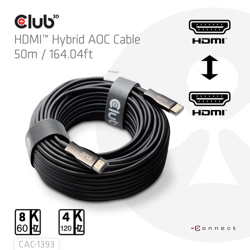 CLUB3D HDMIâ¢ Hybrid AOC Cable 8K60Hz/4K120Hz 50m / 164.04ft, 50 m, HDMI Type A (Standaard), HDMI Type A (Standaard)