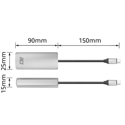ACT USB-C Gigabit ethernet adapter, Bedraad, USB Type-C, Ethernet, 1000 Mbit/s, Zilver