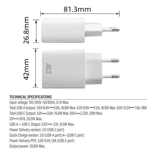 ACT USB-C & USB-A lader 20W met Power Delivery PPS, Quick Charge, GaNFast, Auto, AC, 12 V, 1,67 A, Wit