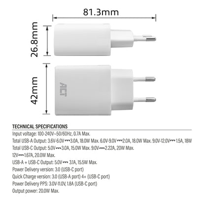 ACT USB-C & USB-A lader 20W met Power Delivery PPS, Quick Charge, GaNFast, Auto, AC, 12 V, 1,67 A, Wit