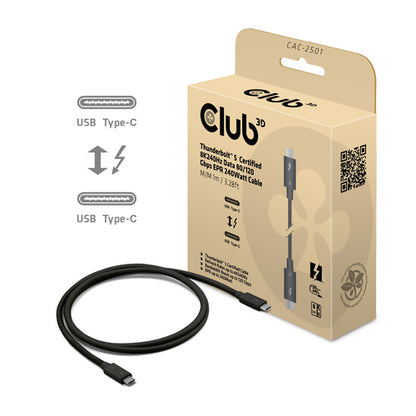 CLUB3D Thunderboltâ¢ 5 Gecertificeerd 8K240Hz 80/120 Gbps EPR 240 Watt Kabel M/M 1m, Man, Man, 1 m, Zwart, 120 Gbit/s, 2 g