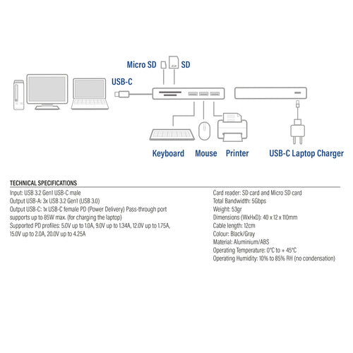 ACT USB-C hub 3.0, 3x USB-A, cardreader, PD pass-through, USB 3.2 Gen 1 (3.1 Gen 1) Type-C, USB 3.2 Gen 1 (3.1 Gen 1) Type-A, USB 3.2 Gen 1 (3.1 Gen 1) Type-C, MicroSD (TransFlash), SD, 5000 Mbit/s, Grijs, Aluminium