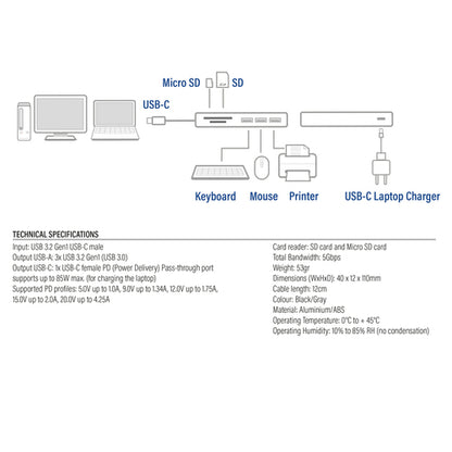 ACT USB-C hub 3.0, 3x USB-A, cardreader, PD pass-through, USB 3.2 Gen 1 (3.1 Gen 1) Type-C, USB 3.2 Gen 1 (3.1 Gen 1) Type-A, USB 3.2 Gen 1 (3.1 Gen 1) Type-C, MicroSD (TransFlash), SD, 5000 Mbit/s, Grijs, Aluminium