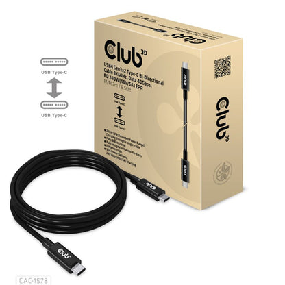CLUB3D USB4 Gen3x2 Type-C Bi-Directional Cable 8K60Hz, Data 40Gbps, PD 240W(48V/5A) EPR M/M 2m / 6.56ft, 2 m, USB C, USB C, USB4 Gen 3x2, 40 Gbit/s, Zwart