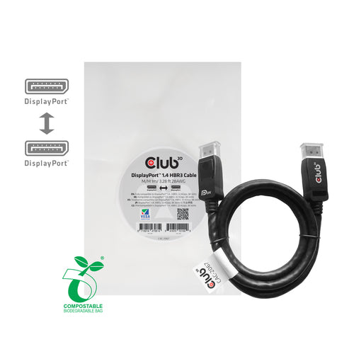 CLUB3D DisplayPort 1.4 HBR3 Cable 1meter Male/Male 8K60Hz, 1 m, DisplayPort, DisplayPort, Mannelijk, Mannelijk, 7680 x 4320 Pixels