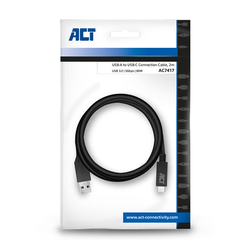 ACT USB 3.0 kabel, USB-A naar USB-C, 2 meter, 2 m, USB C, USB A, USB 3.2 Gen 1 (3.1 Gen 1), 5 Gbit/s, Zwart