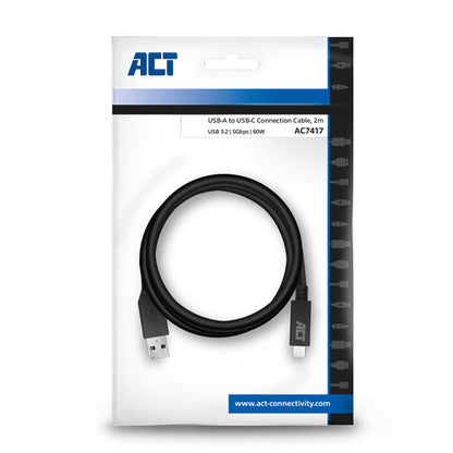 ACT USB 3.0 kabel, USB-A naar USB-C, 2 meter, 2 m, USB C, USB A, USB 3.2 Gen 1 (3.1 Gen 1), 5 Gbit/s, Zwart