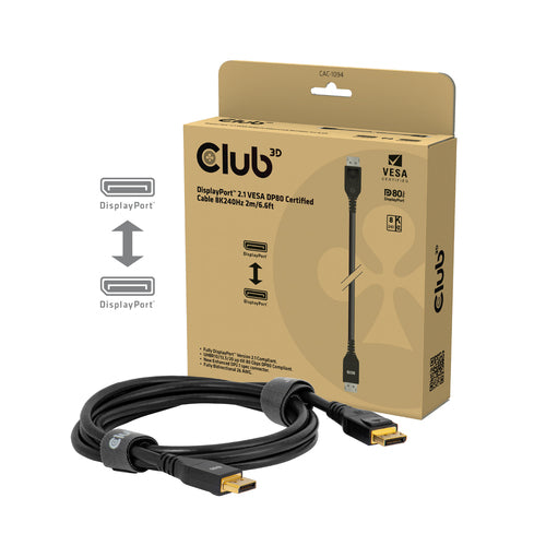 CLUB3D DisplayPortâ¢ 2.1 VESA DP80 Gecertificeerd Kabel 8K240Hz 2m/6.56ft, 2 m, DisplayPort, DisplayPort, Mannelijk, Mannelijk, 15360 x 8640 Pixels