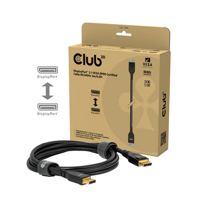 CLUB3D DisplayPortâ¢ 2.1 VESA DP80 Gecertificeerd Kabel 8K240Hz 2m/6.56ft, 2 m, DisplayPort, DisplayPort, Mannelijk, Mannelijk, 15360 x 8640 Pixels