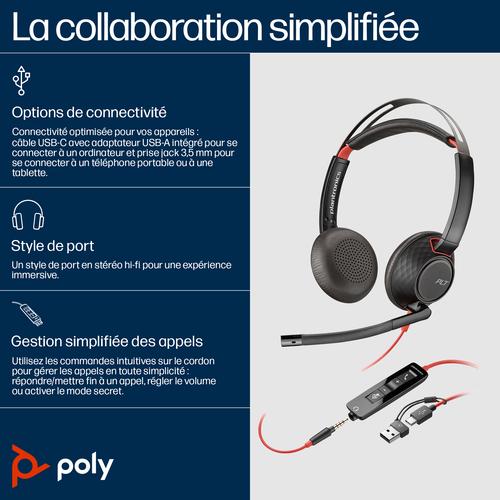 HP Poly Blackwire 5220 stereo USB-C-headset + 3,5 mm stekker + USB-C/A-adapter
